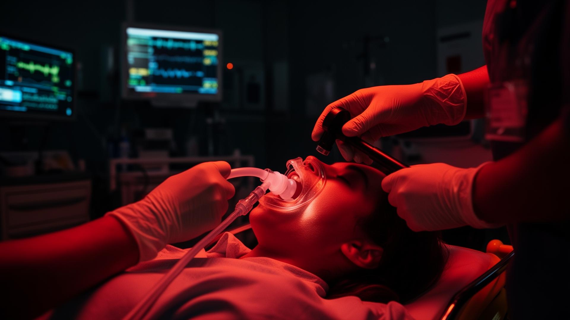 Médico realizando intubação em ambiente de emergência